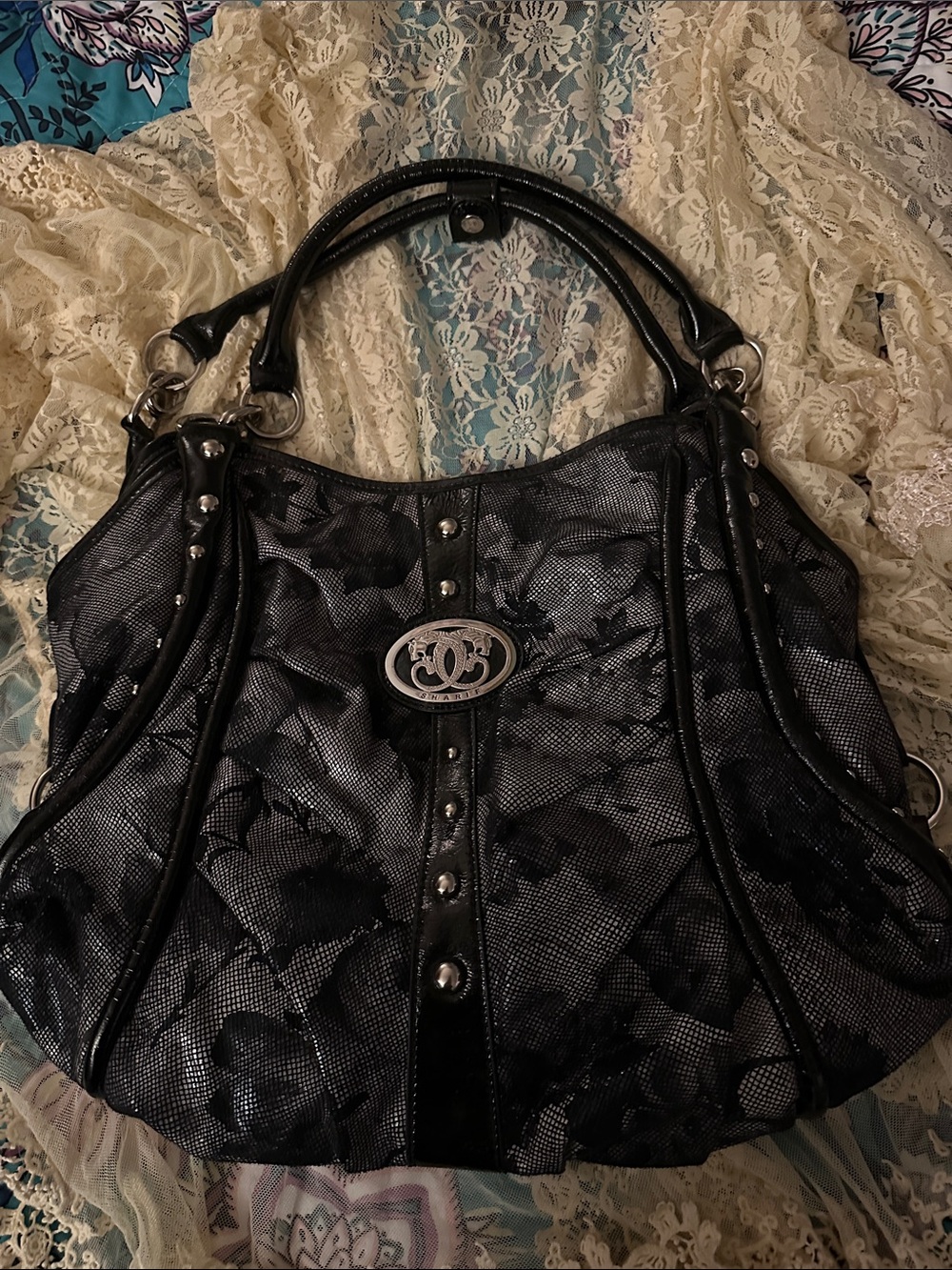 Sharif black large Floral Accent Shoulder Bag - Women's Handbag. EUC